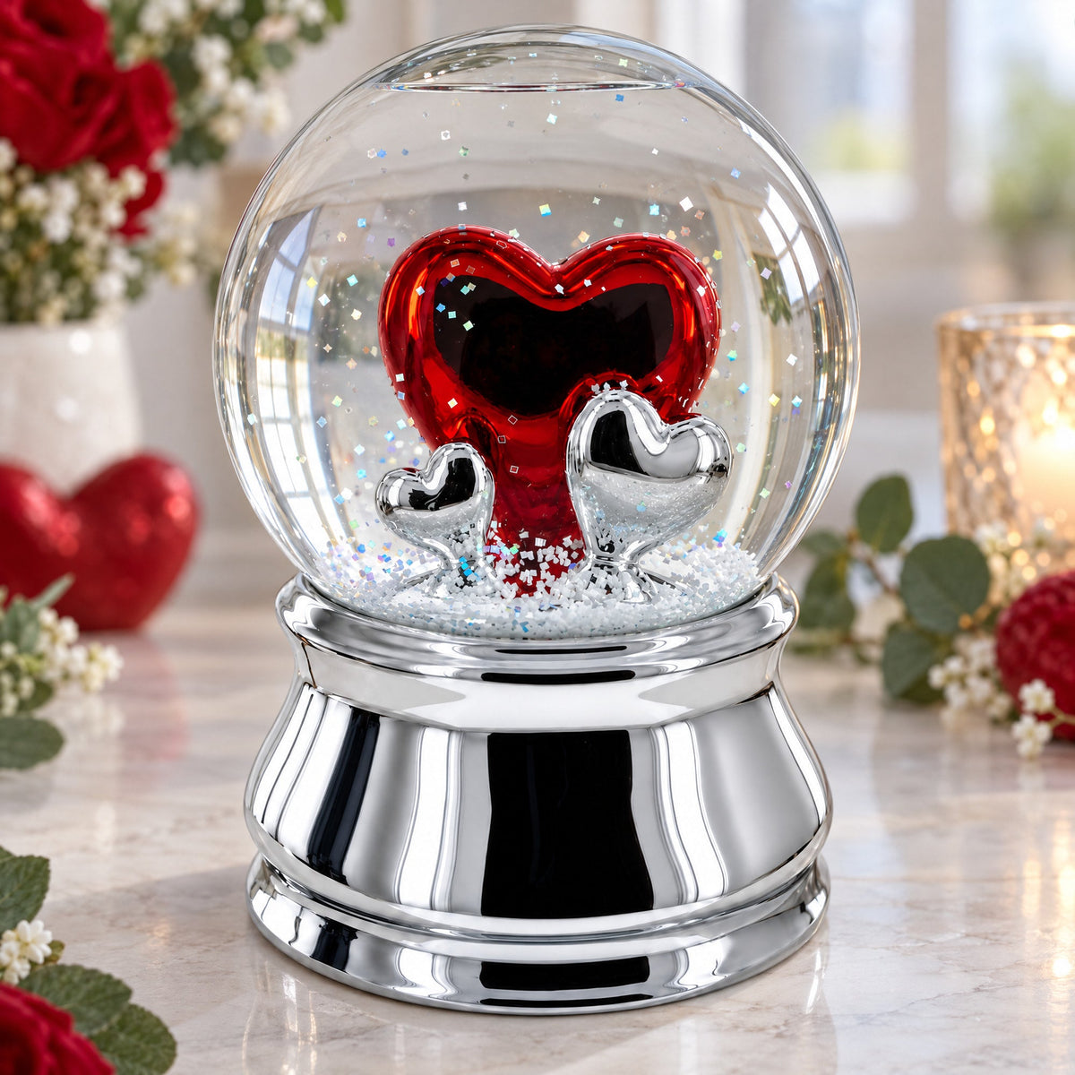 Romantic Red Heart in Love Glass Musical Water Snow Globe