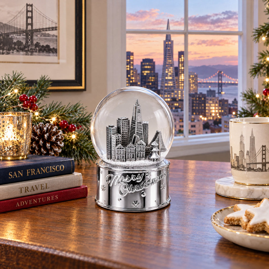 San Francisco Landmarks with Silver Base Glass Water Snow Globe