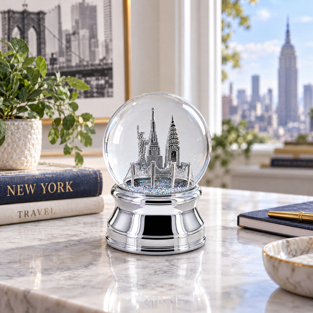 New York City Skyline with Silver Base Water Snow Globe
