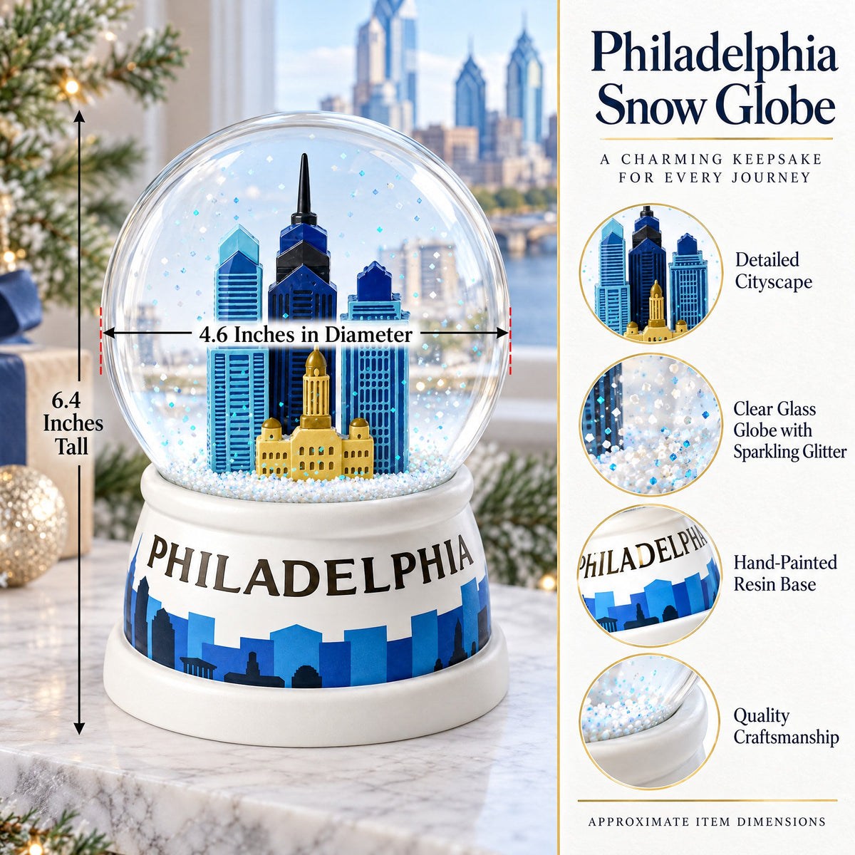Philadelphia Skyline Glass Water Snow Globe