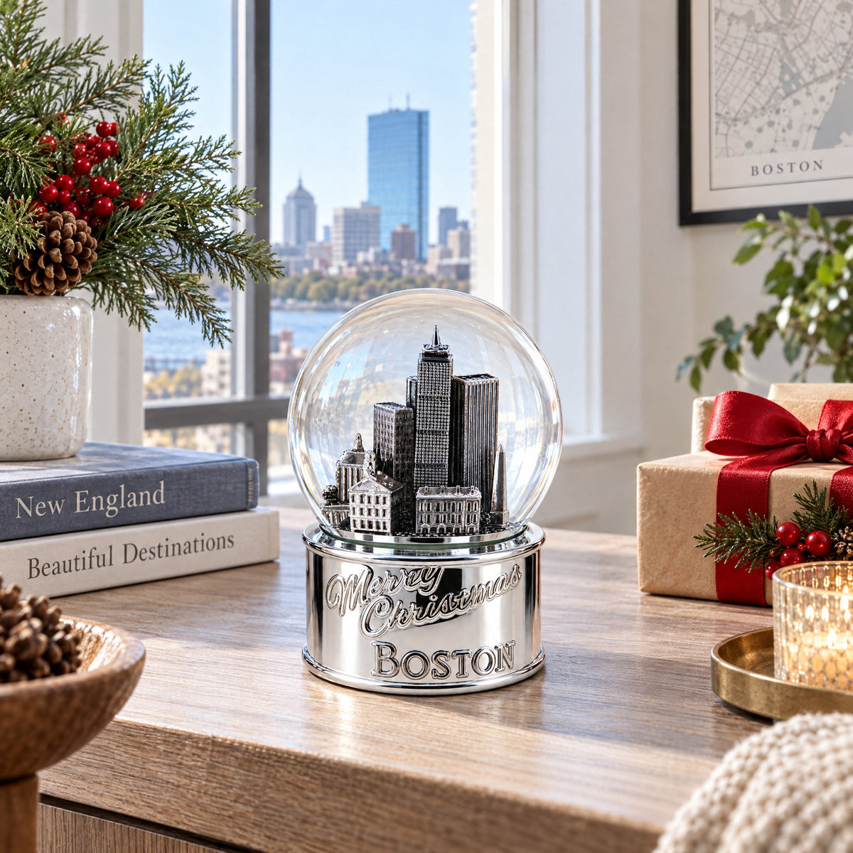 Boston Cityscape Silver Base Glass Water Snow Globe
