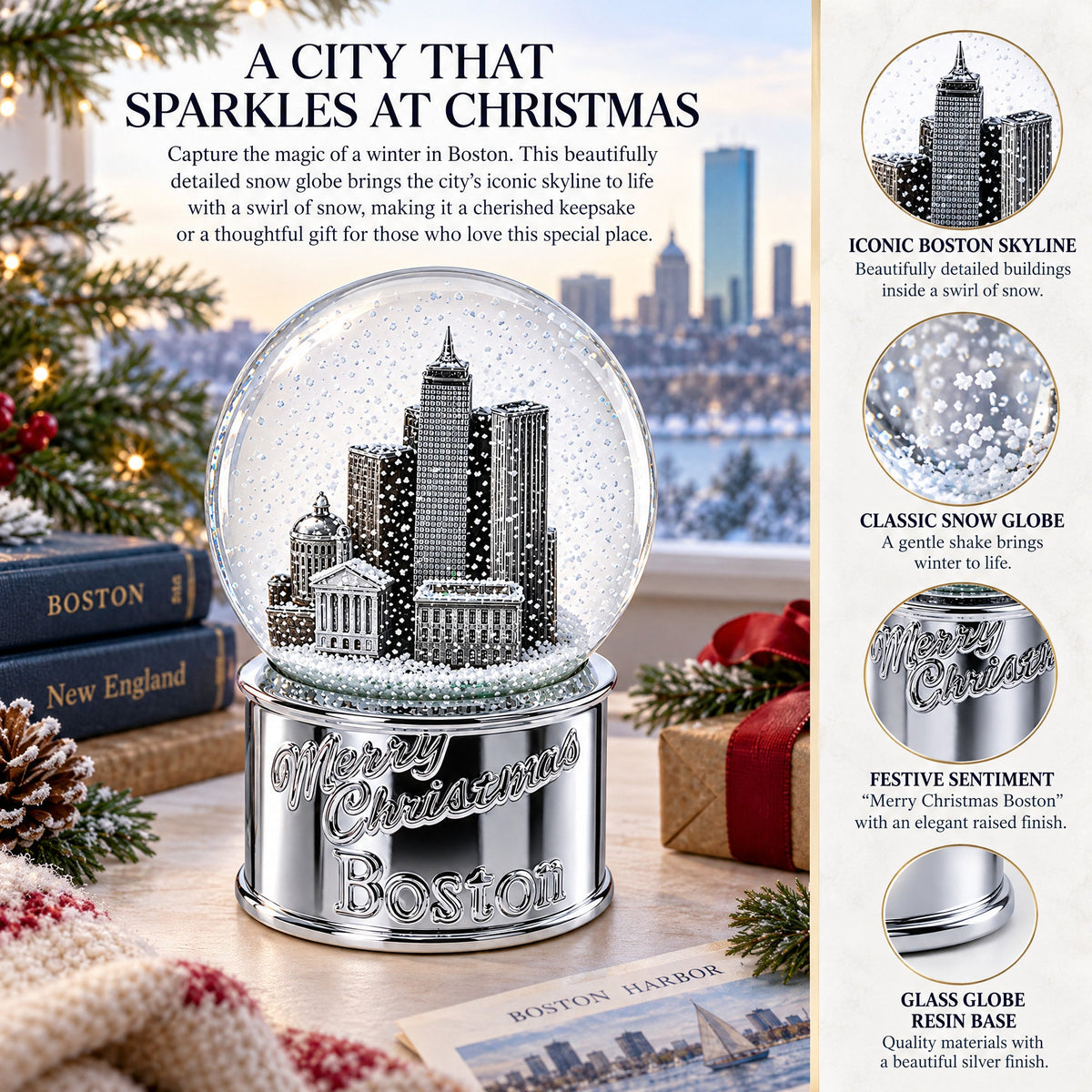 Boston Cityscape Silver Base Glass Water Snow Globe