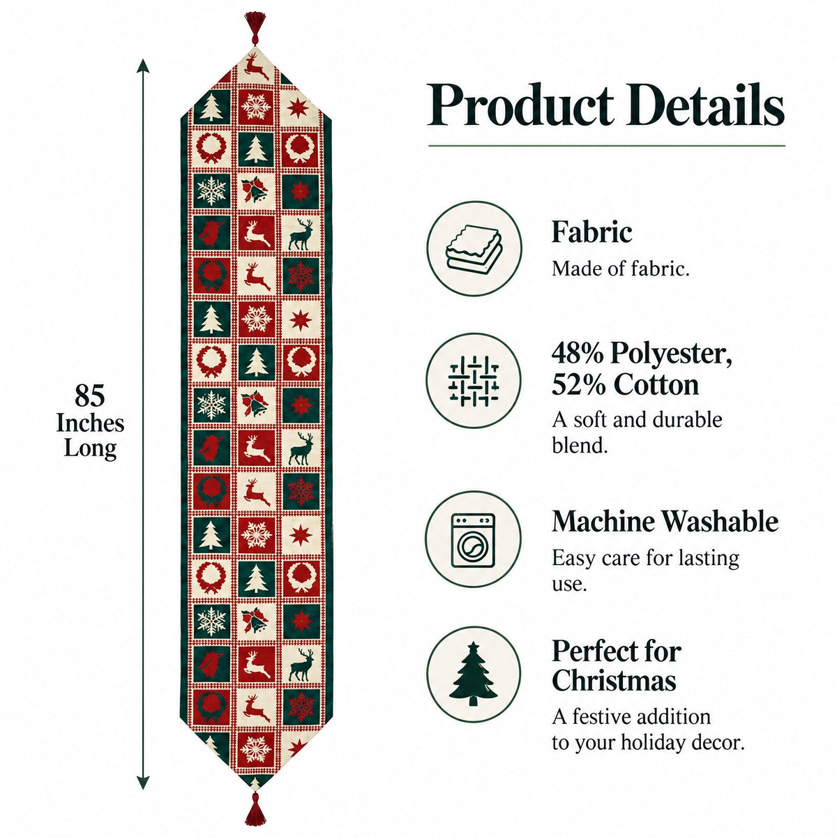 Reindeer Square Patterns Christmas Tablecloth Holiday Runner 75 Inches