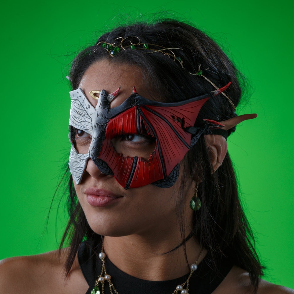 Angel Devil Handmade Genuine Leather Mask in Red and White for Masquerades Halloween or Cosplay- Good vs. Evil