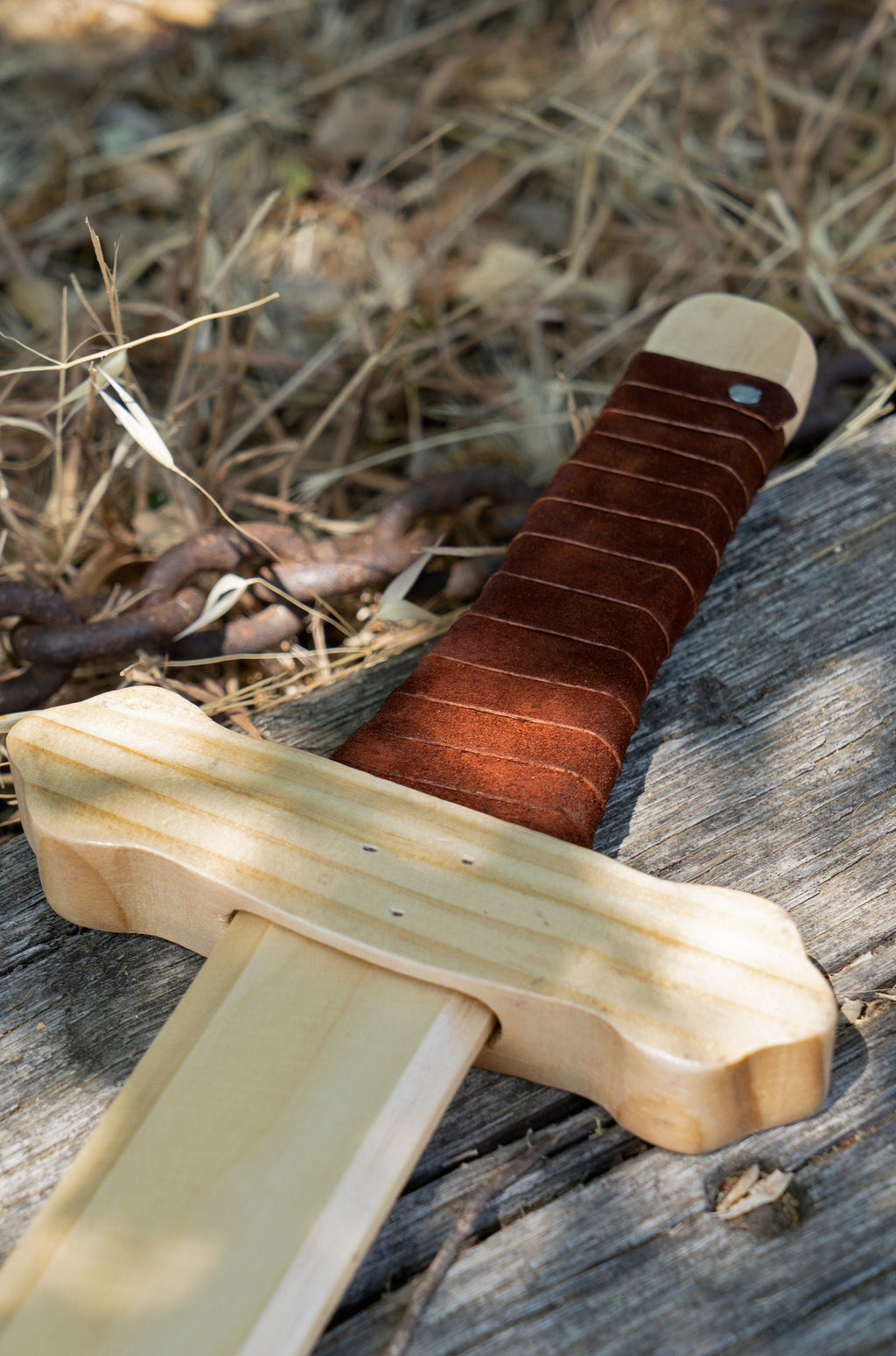 Sturdy Wooden Sword with Leather Wrapped Handle