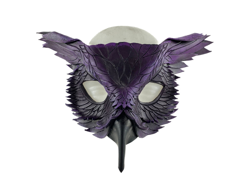 Layered Horned Owl Handmade Genuine Leather Mask in Purple