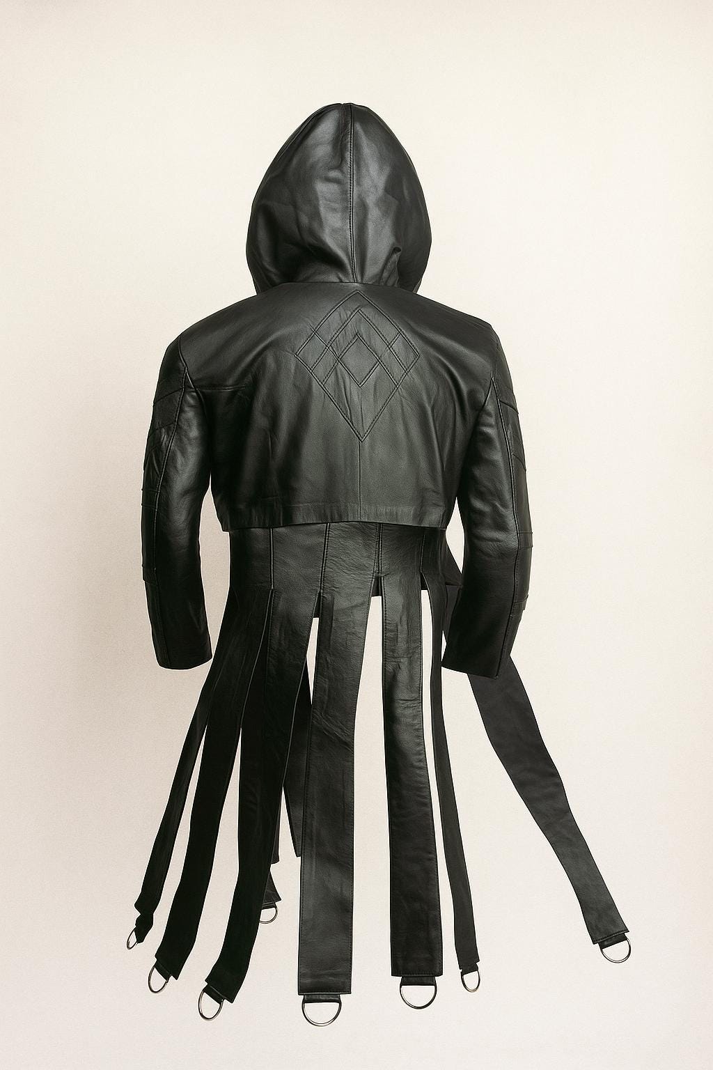 Gothic Black Leather Hooded Jacket with Buckle Straps & D-Rings – Cyberpunk Streetwear by Ox and Bulls