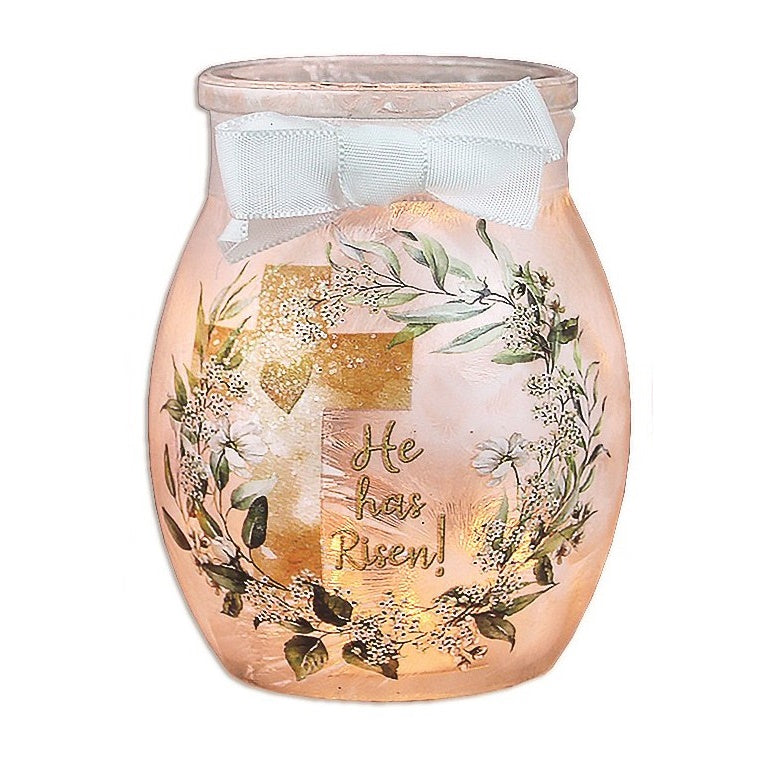 Lighted Glass Jar with Ribbon - He Has Risen