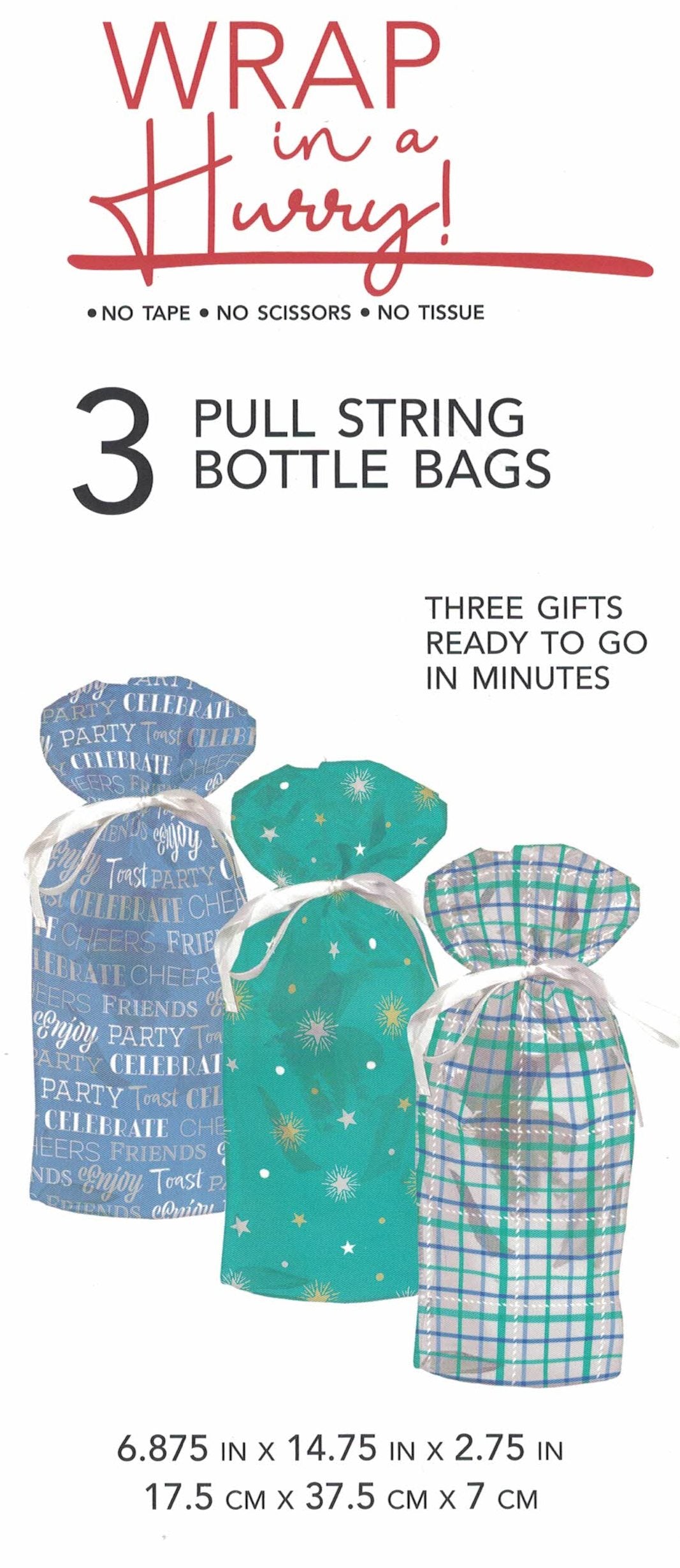 Pull String Bottle All Occasion Gift Bag - 3 Pack