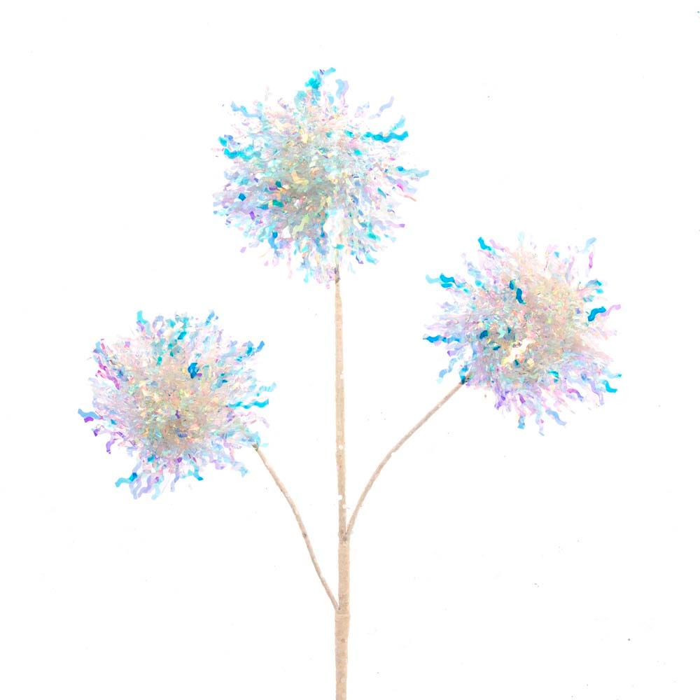 White and Iridescent Tinsel Ball Spray
