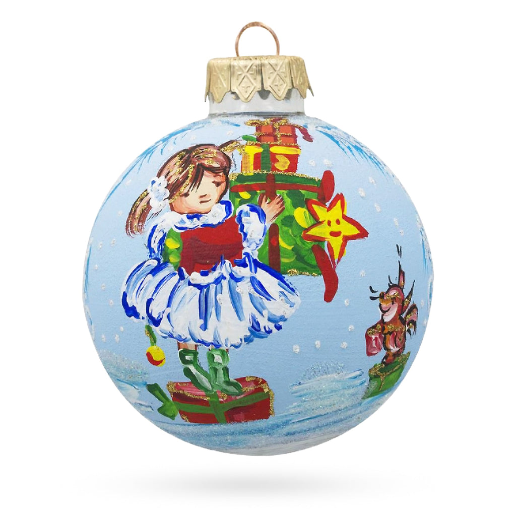 Little Girl Holding Gifts Glass Ball Christmas Ornament 3.25 Inches