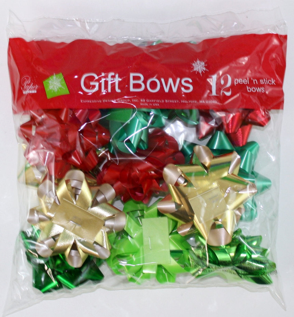 Stick on Bows - 12 Assorted Medium Size - Red/Green