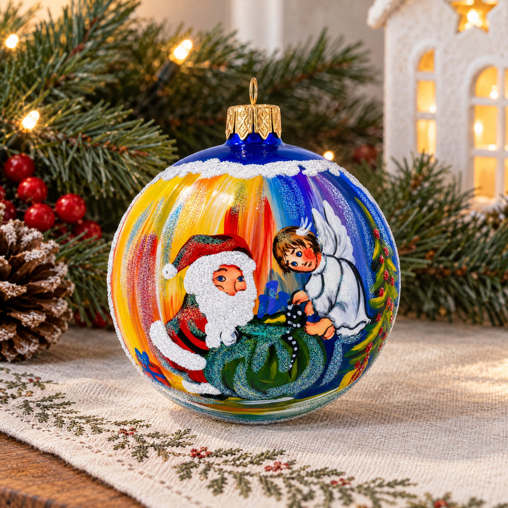 Santa’s Blessing with Angel Glass Ball Ornament 3.25 Inches