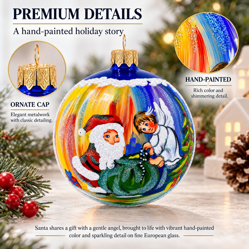 Santa’s Blessing with Angel Glass Ball Ornament 3.25 Inches