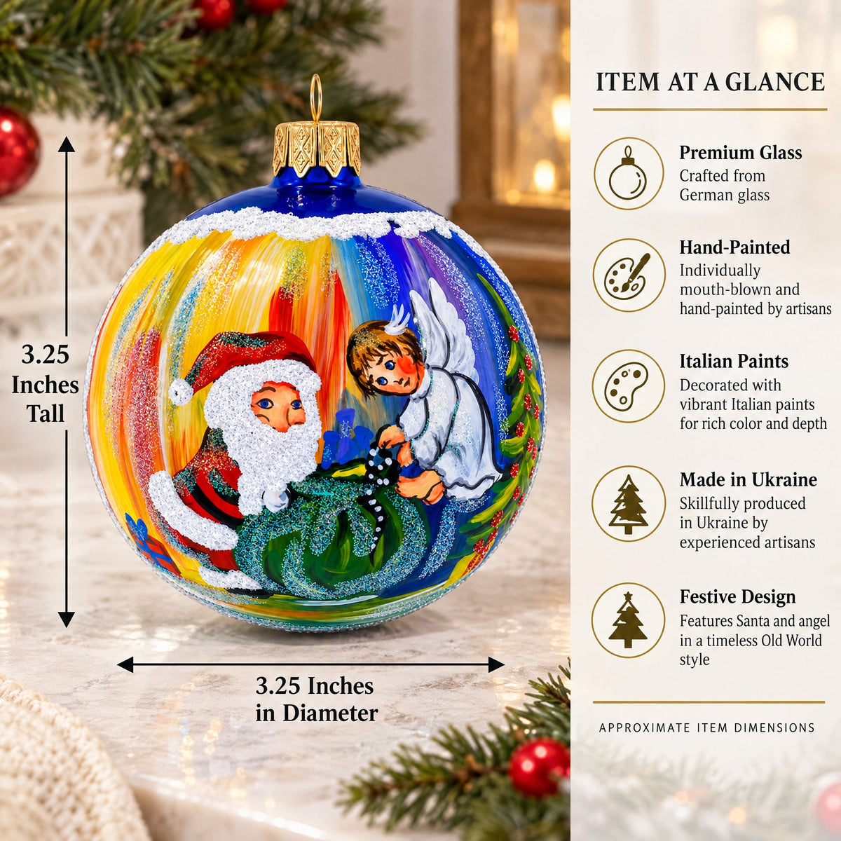 Santa’s Blessing with Angel Glass Ball Ornament 3.25 Inches