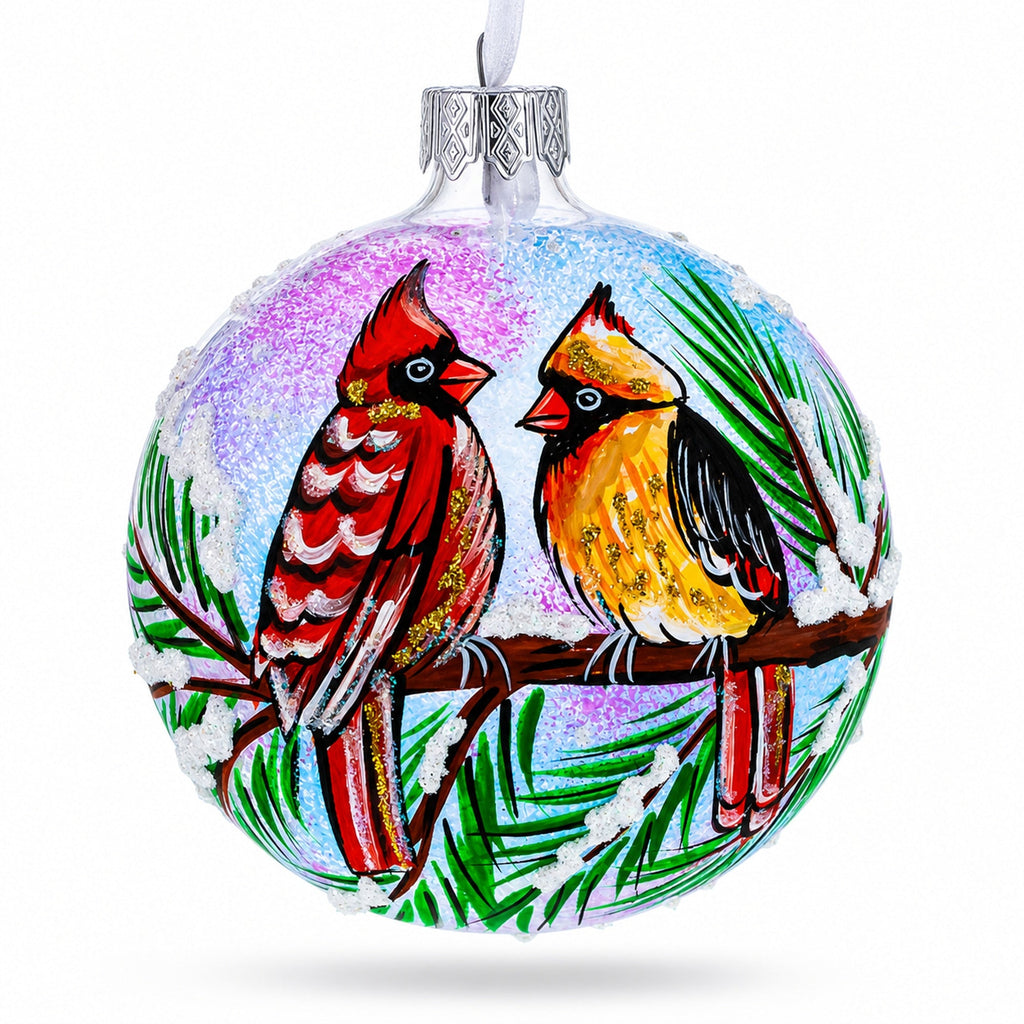 Two Cardinals in Snowy Scenery Glass Ball Christmas Ornament 3.25 Inches