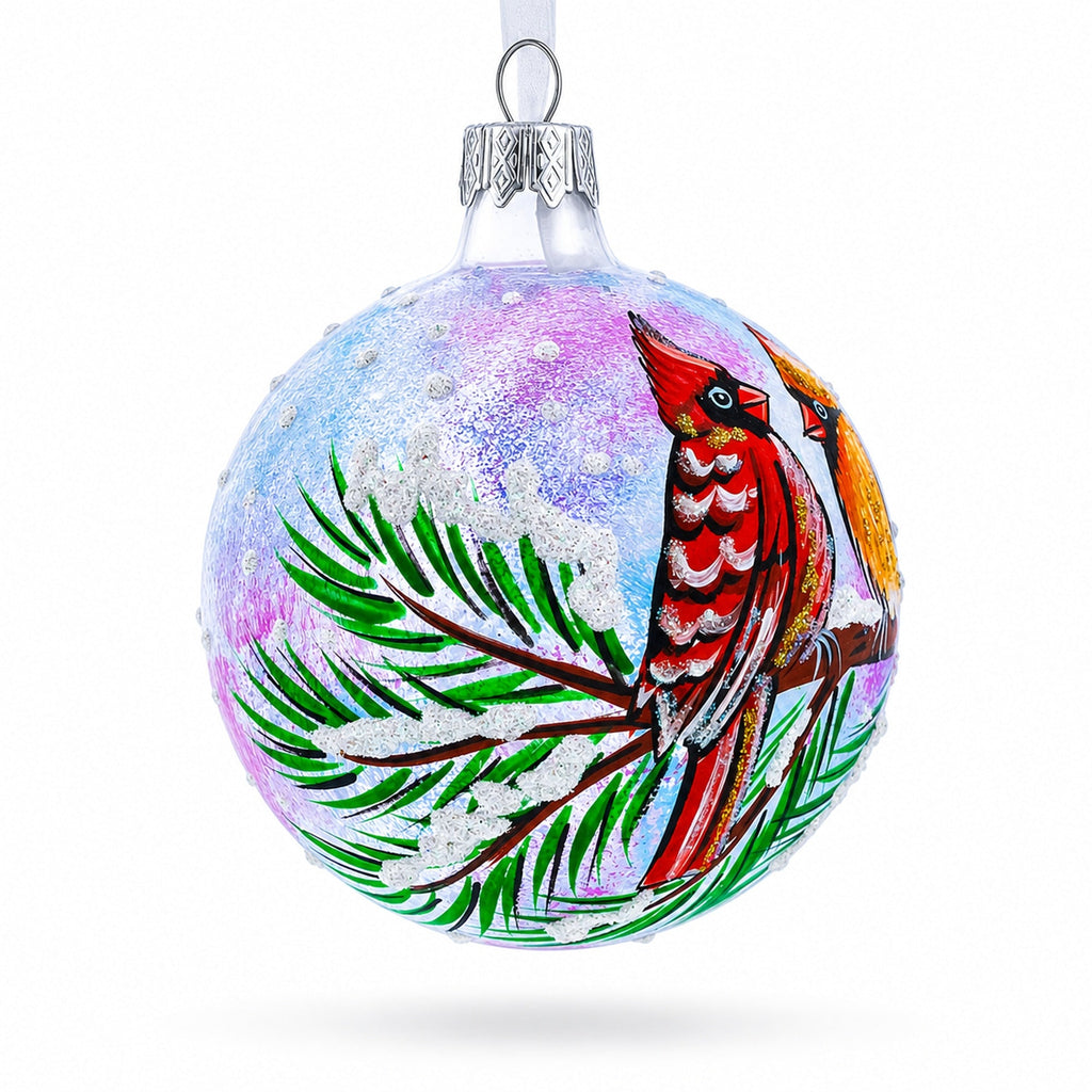 Two Cardinals in Snowy Scenery Glass Ball Christmas Ornament 3.25 Inches