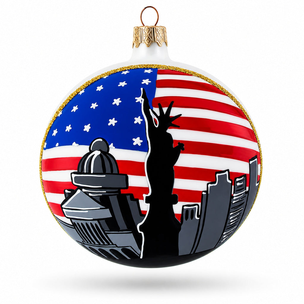 Statue of Liberty with USA Flag, New York City Glass Ball Christmas Ornament 4 Inches