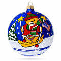 Bear Skiing with Snowman and USA Flag Glass Ball Christmas Ornament 4 Inches
