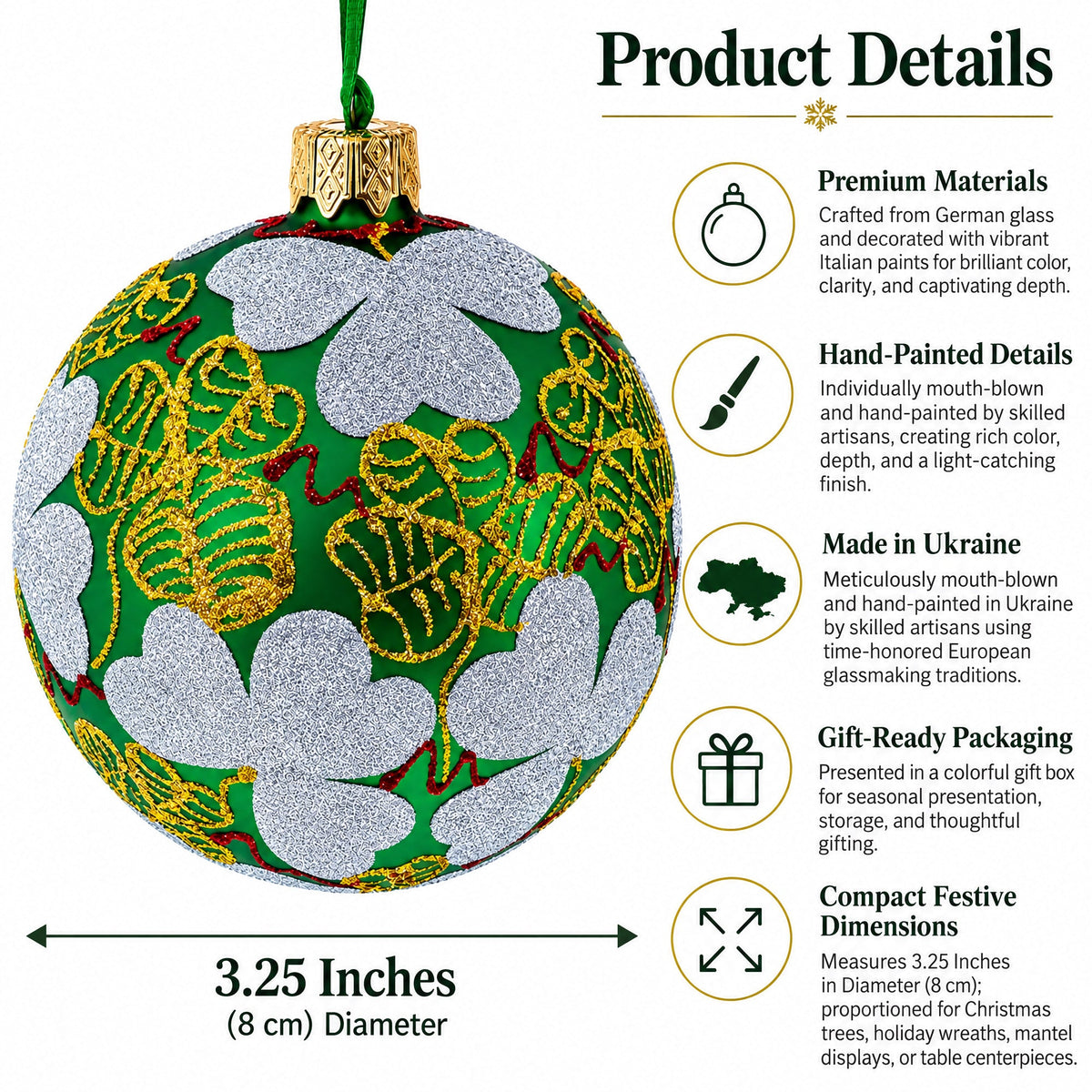 1902 Clover Leaf Royal Green Glass Christmas Ornament 3.25 Inches