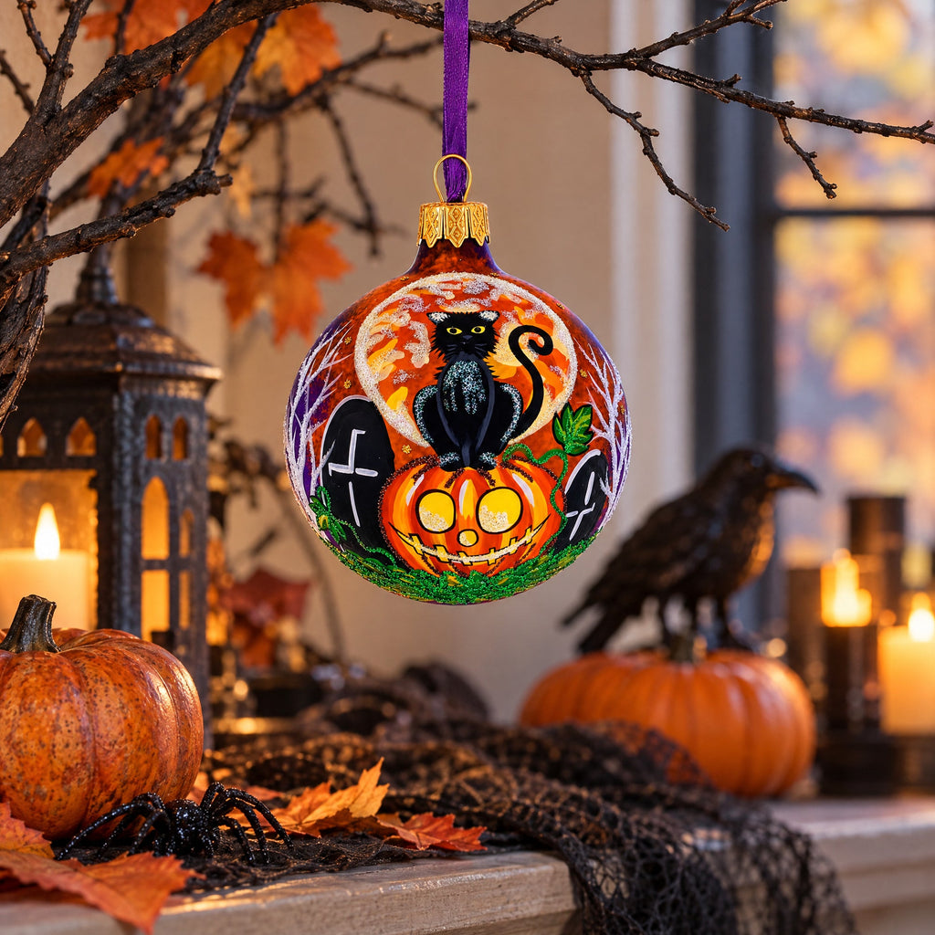 Full Moon with Black Cat and Jack-O’-Lantern Glass Ball Ornament 3.25 Inches