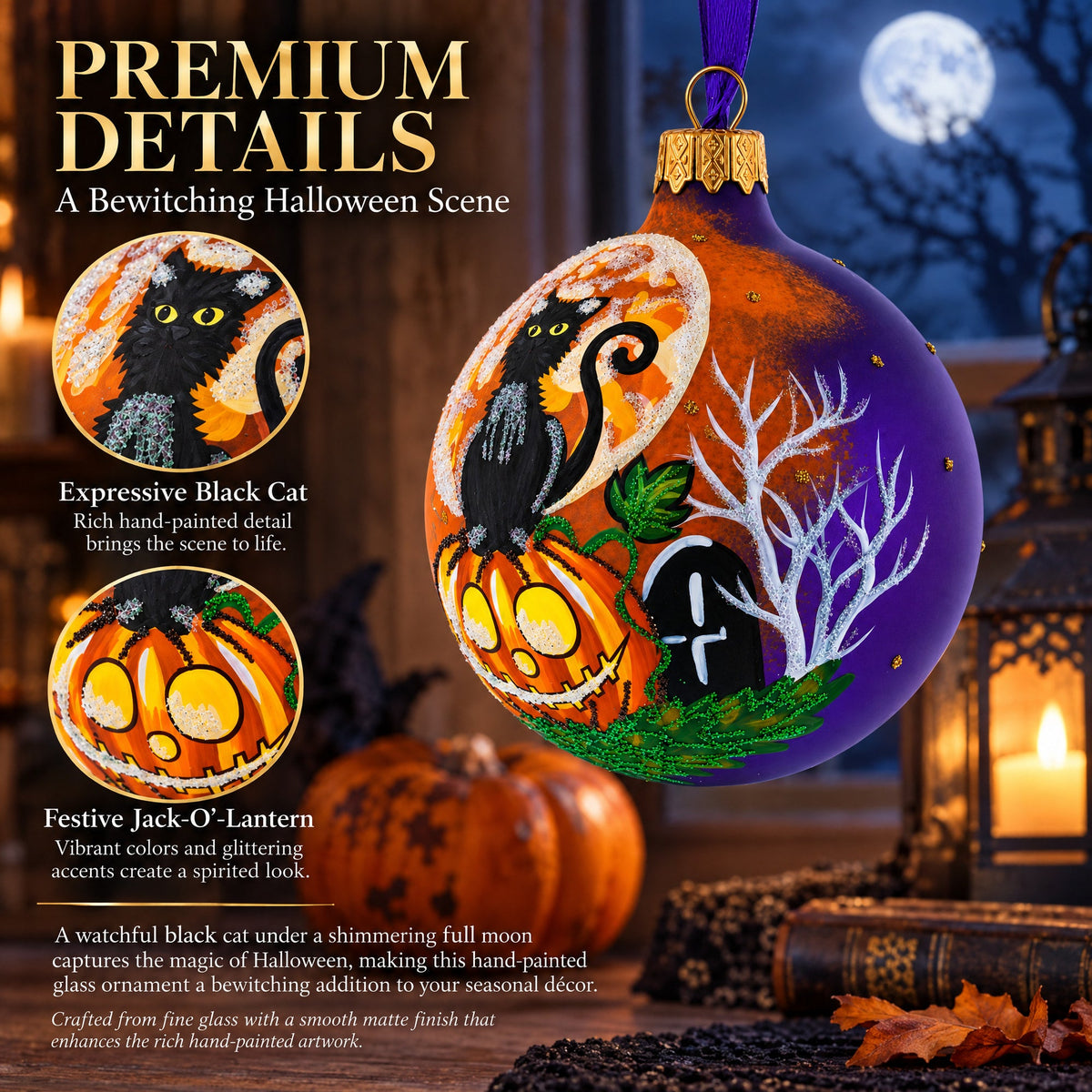 Full Moon with Black Cat and Jack-O’-Lantern Glass Ball Ornament 3.25 Inches