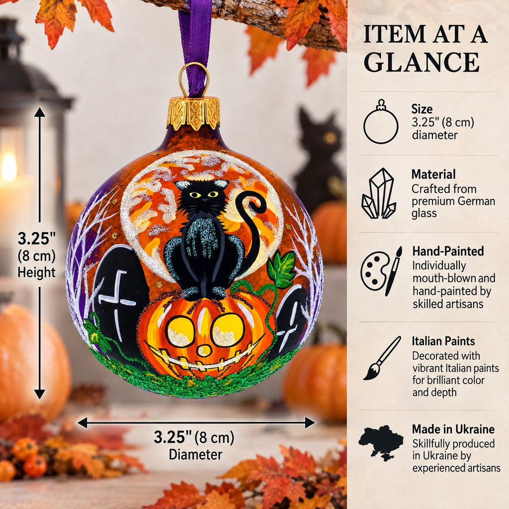Full Moon with Black Cat and Jack-O’-Lantern Glass Ball Ornament 3.25 Inches