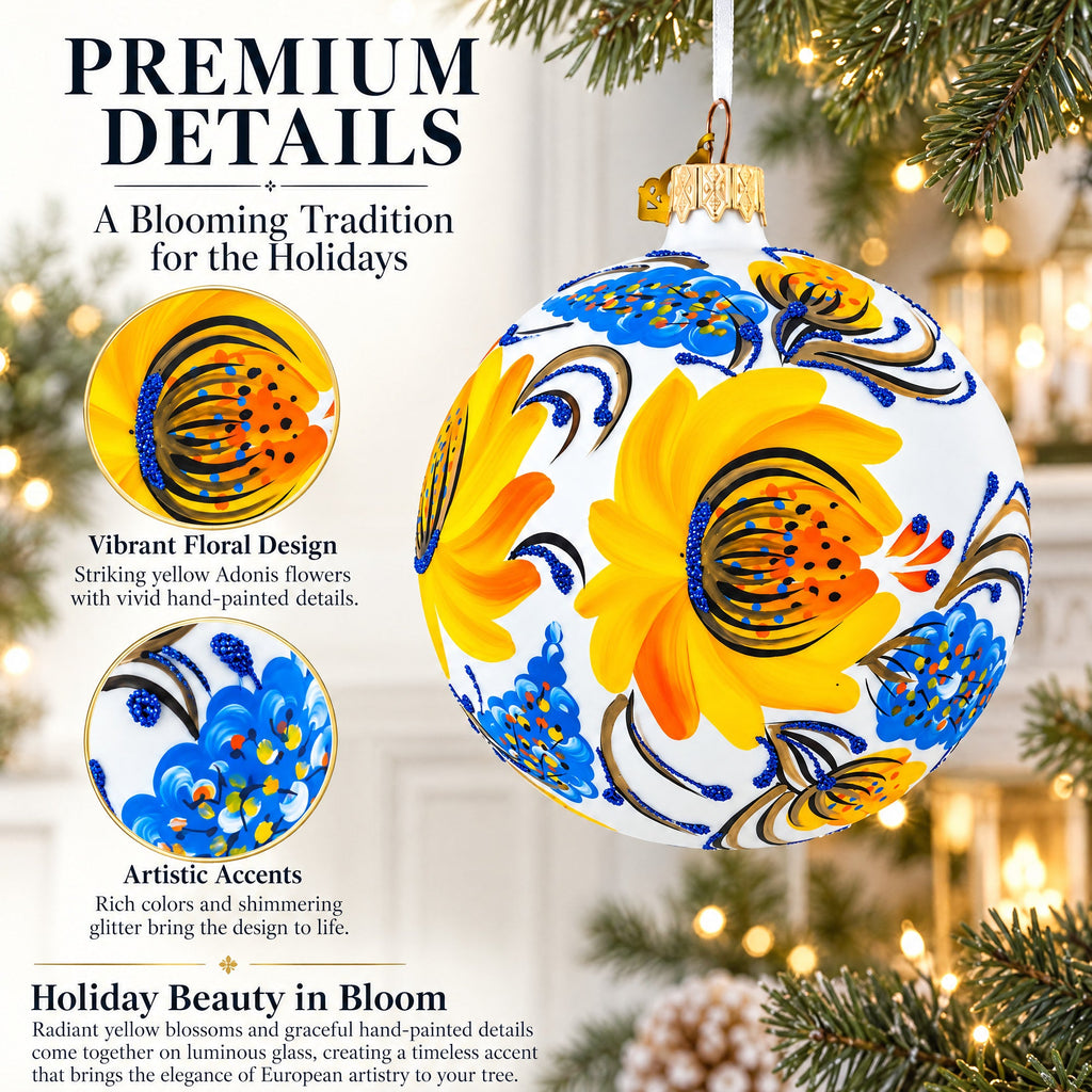 Yellow Adonis Flowers Glass Ball Ornament
