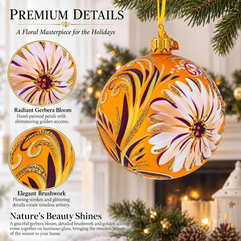 Gerbera Flowers on Gold Glass Ball Ornament