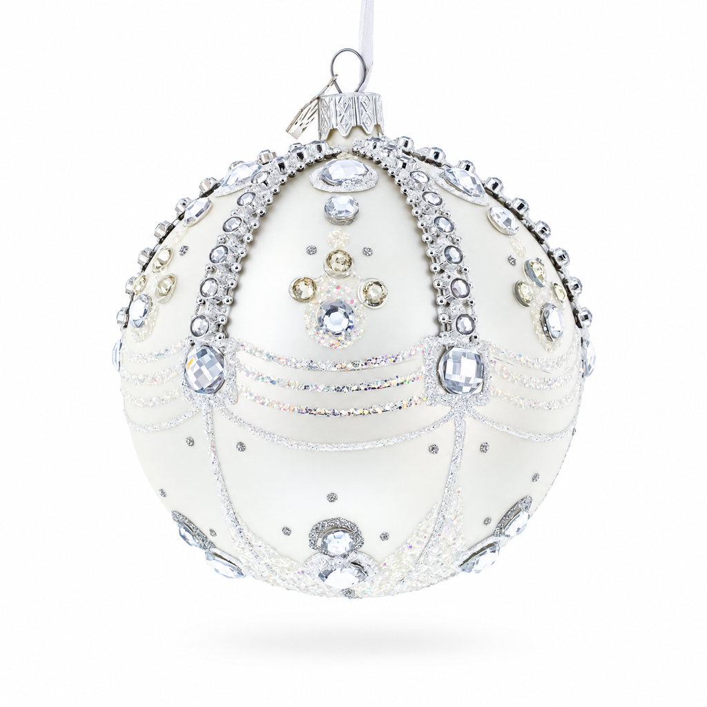 White Jewels on Silver Glass Ball Christmas Ornament 4 Inches