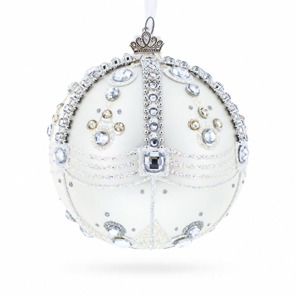 White Jewels on Silver Glass Ball Christmas Ornament 4 Inches