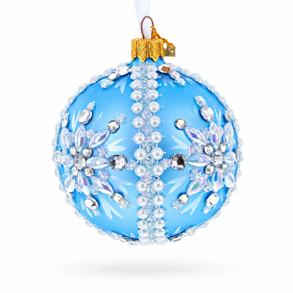 Blue and Pearl Jewel-Embellished Glass Ball Ornament 3.25 Inches