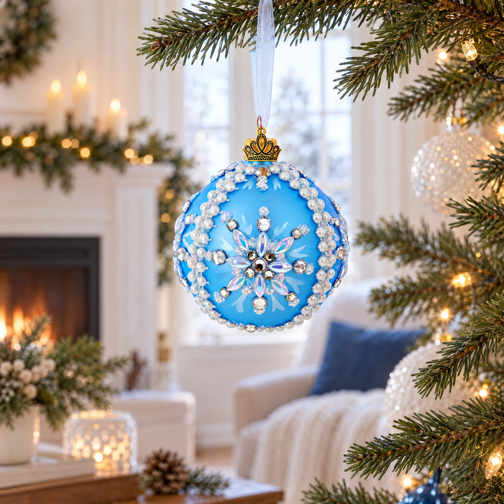 Blue and Pearl Jewel-Embellished Glass Ball Ornament 3.25 Inches