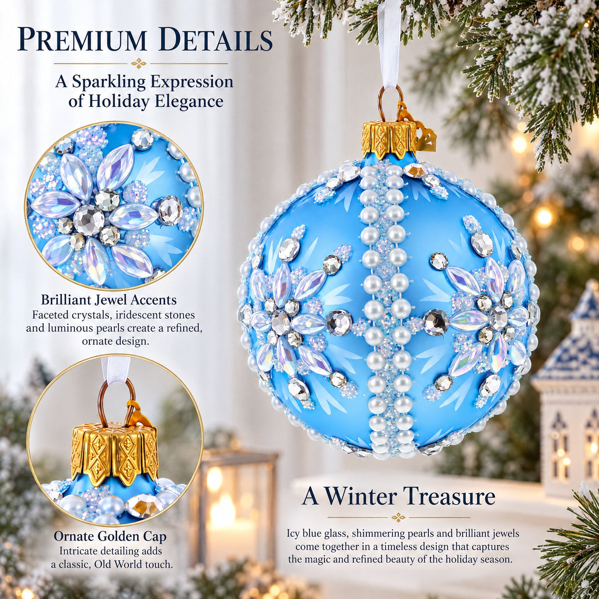 Blue and Pearl Jewel-Embellished Glass Ball Ornament 3.25 Inches