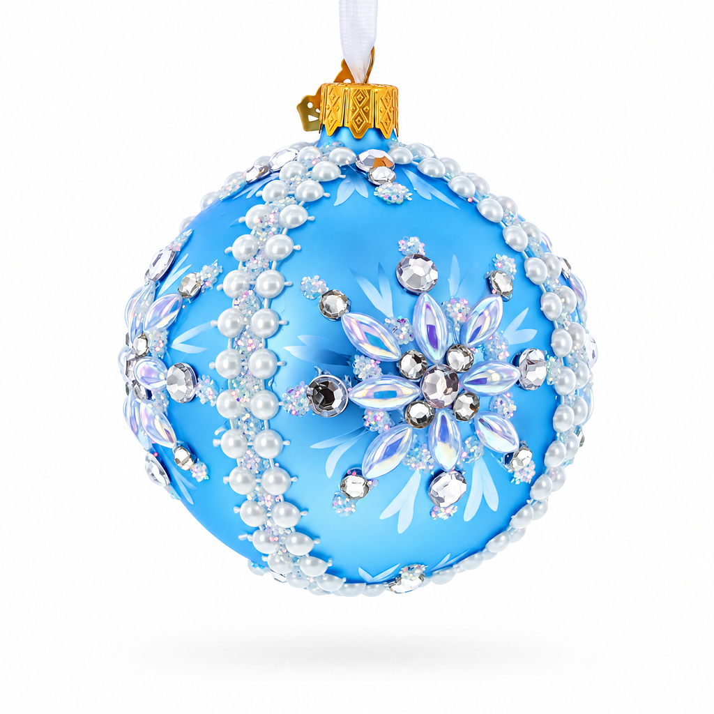 Blue and Pearl Jewel-Embellished Glass Ball Ornament 3.25 Inches