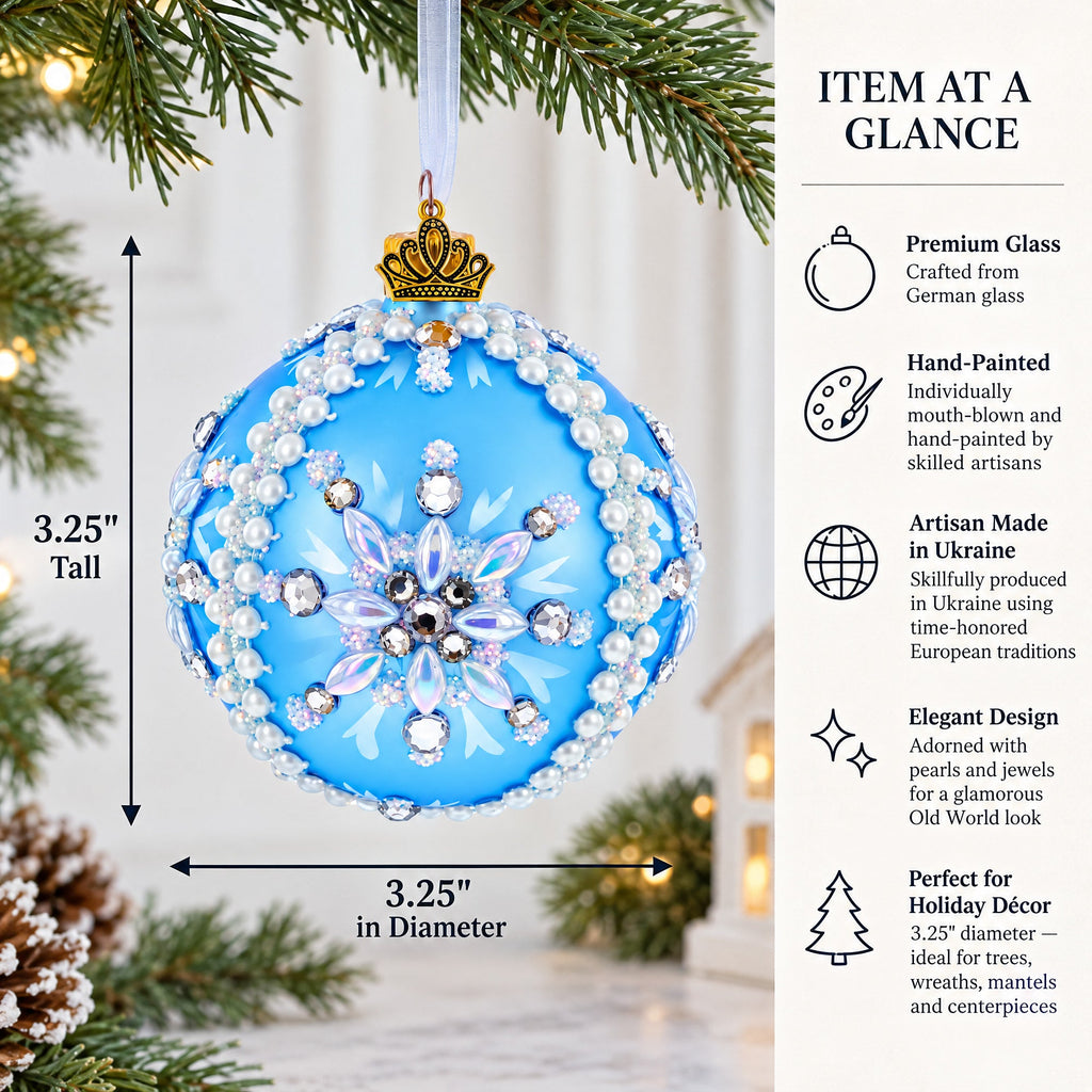 Blue and Pearl Jewel-Embellished Glass Ball Ornament 3.25 Inches