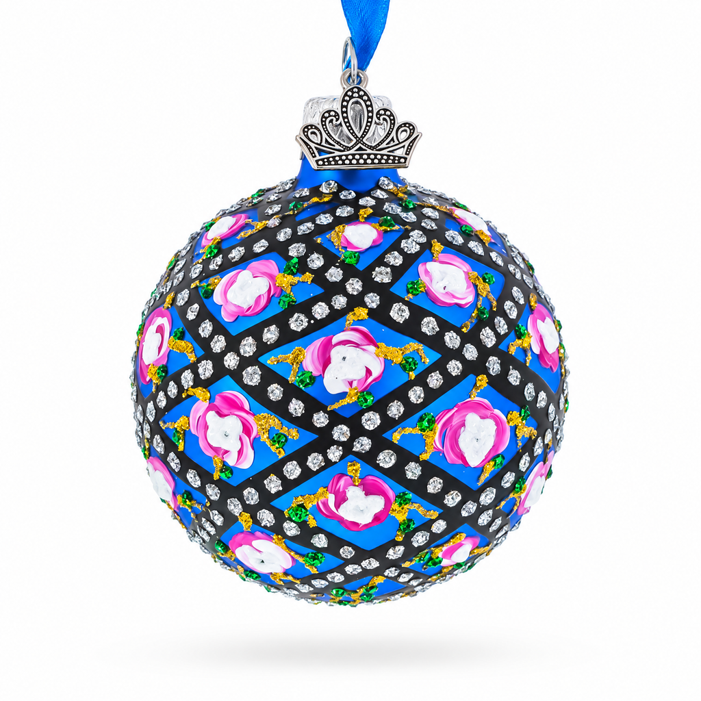 1907 Rose Trellis Royal Green Glass Ball Christmas Ornament 2.4 Inches
