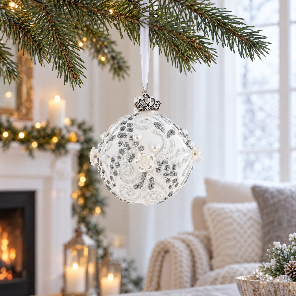 Silver Glitter Scrolls, Pearls & Rose Accents Winter Elegance Glass ball Ornament 2.4 Inches