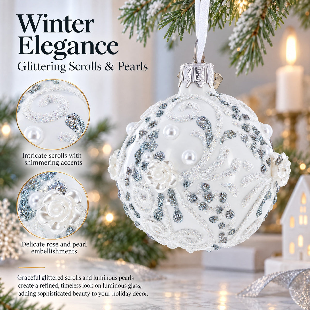 Silver Glitter Scrolls, Pearls & Rose Accents Winter Elegance Glass ball Ornament 2.4 Inches