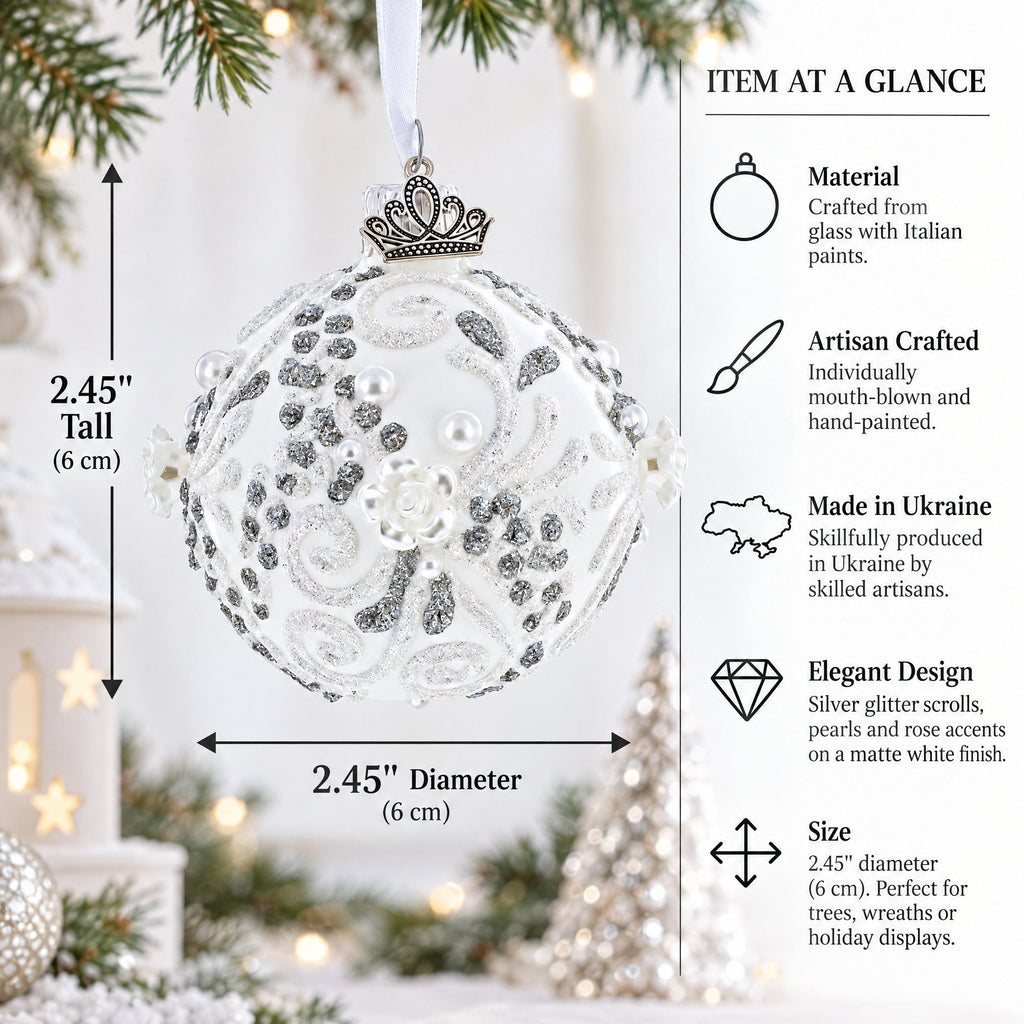 Silver Glitter Scrolls, Pearls & Rose Accents Winter Elegance Glass ball Ornament 2.4 Inches