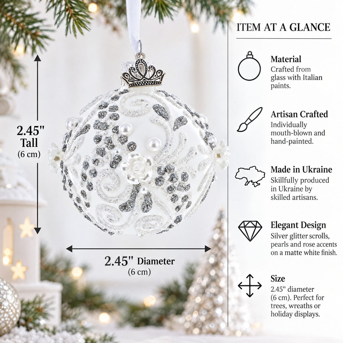 Silver Glitter Scrolls, Pearls & Rose Accents Winter Elegance Glass ball Ornament 2.4 Inches