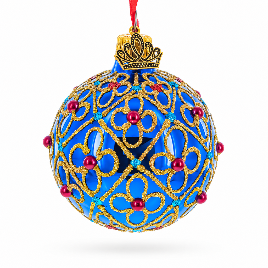 Red Beads, Blue Crystals & Filigree Trellis Glitter on Gold Glass Ball Ornament 2.4 Inches