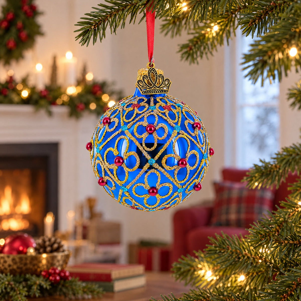 Red Beads, Blue Crystals & Filigree Trellis Glitter on Gold Glass Ball Ornament 2.4 Inches