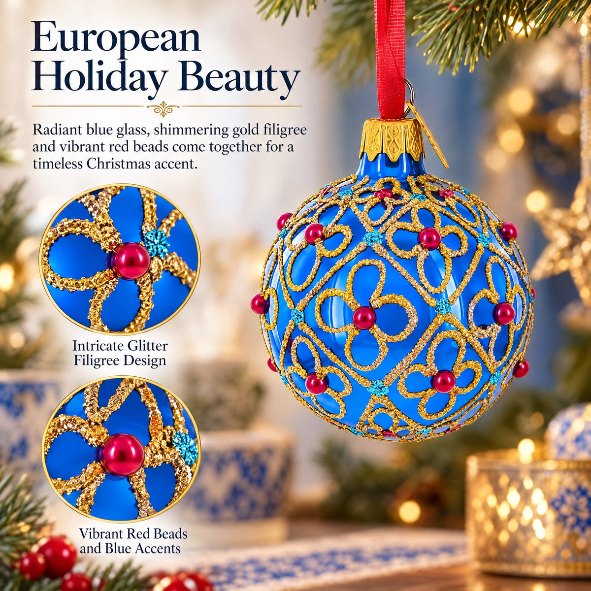 Red Beads, Blue Crystals & Filigree Trellis Glitter on Gold Glass Ball Ornament 2.4 Inches