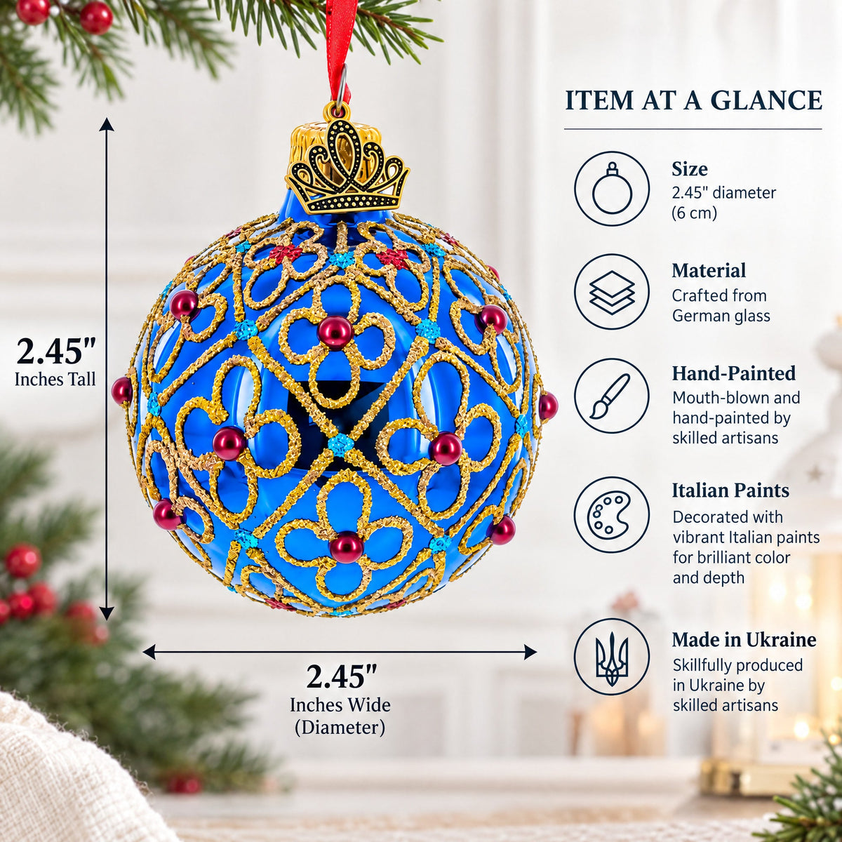 Red Beads, Blue Crystals & Filigree Trellis Glitter on Gold Glass Ball Ornament 2.4 Inches