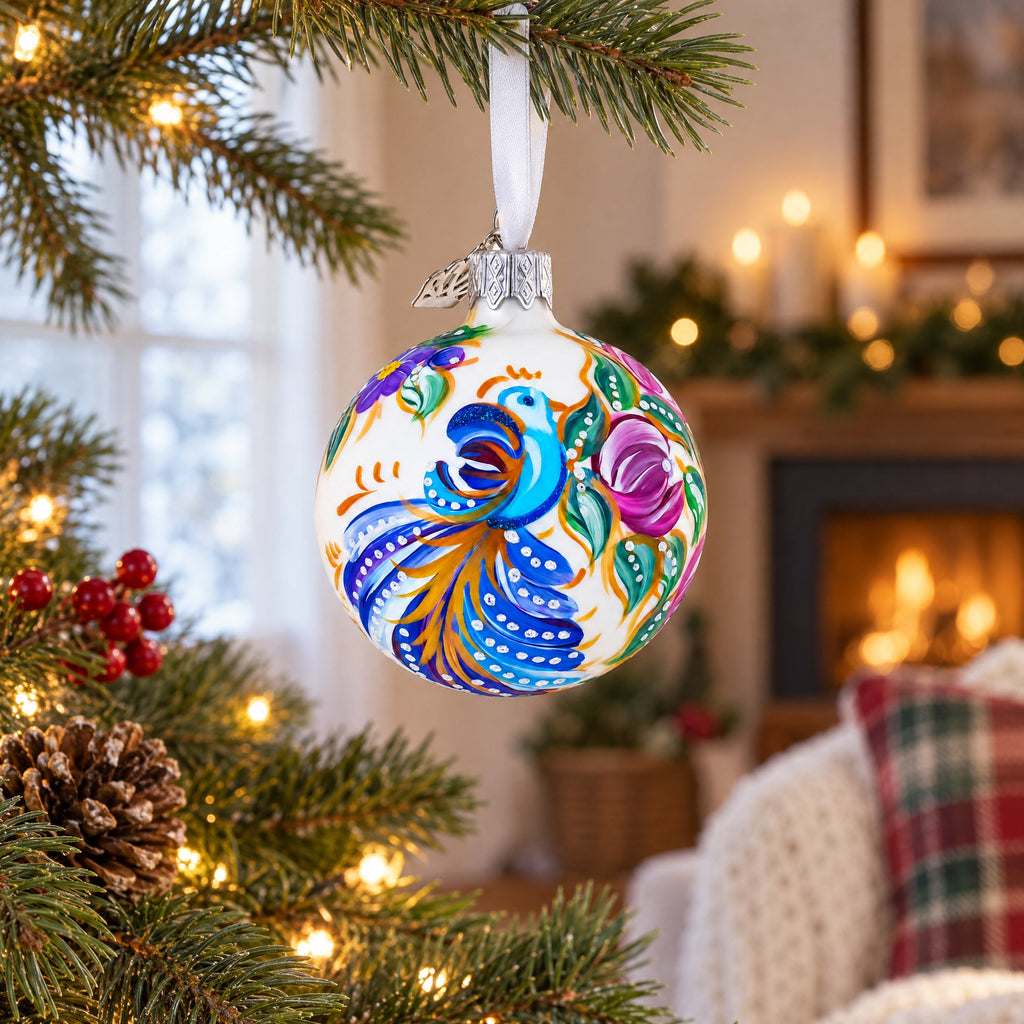 Bird & Floral Design Folk Art Glass ball Ornament 2.4 Inches