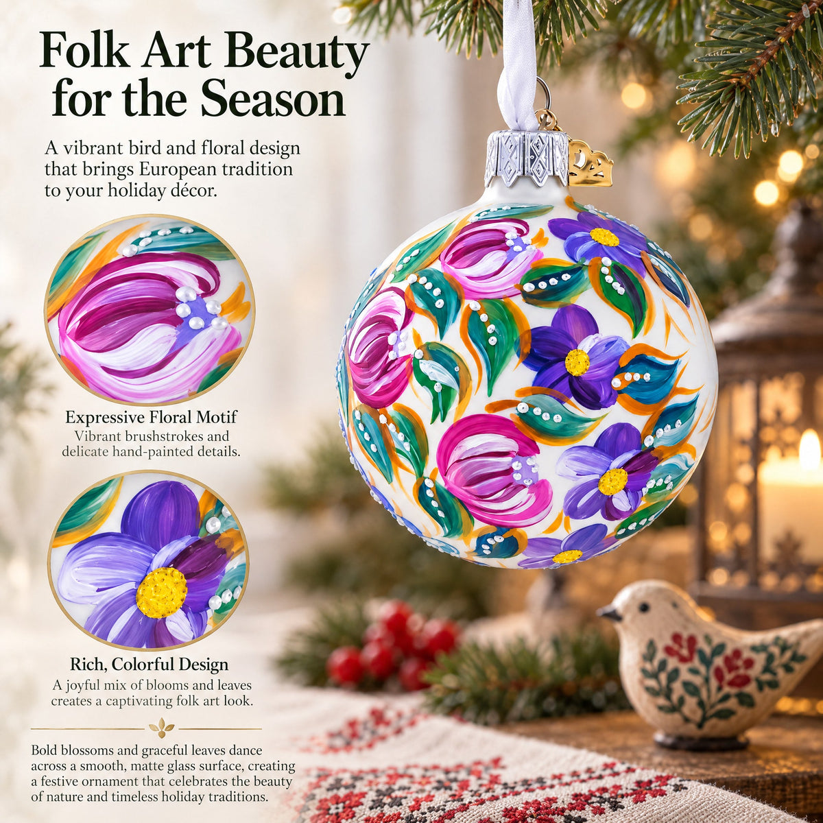 Bird & Floral Design Folk Art Glass ball Ornament 2.4 Inches