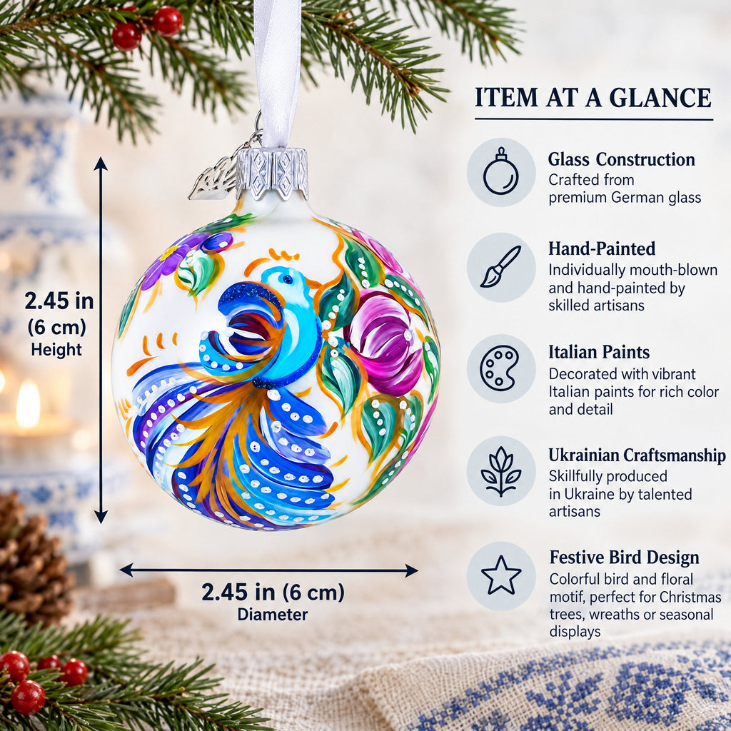 Bird & Floral Design Folk Art Glass ball Ornament 2.4 Inches
