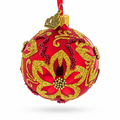 Gold Glitter Floral Scrolls and Beaded Petals on Red Glass Ball Christmas Ornament