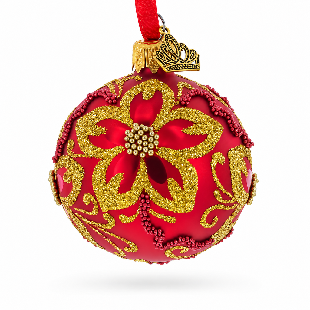 Gold Glitter Floral Scrolls and Beaded Petals on Red Glass Ball Christmas Ornament